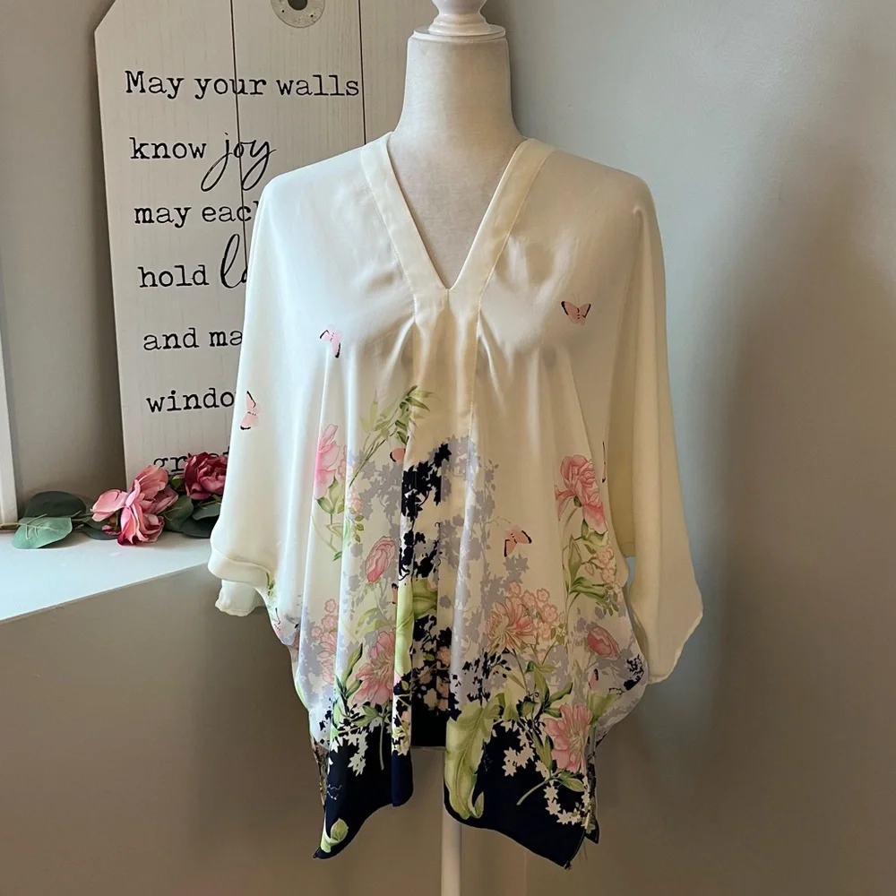Floral Kimono Sleeve Top - White and Pink - Picture 1 of 5